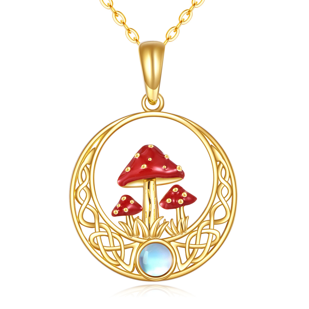 14K Gold Moonstone Mushroom & Celtic Knot Pendant Necklace-1