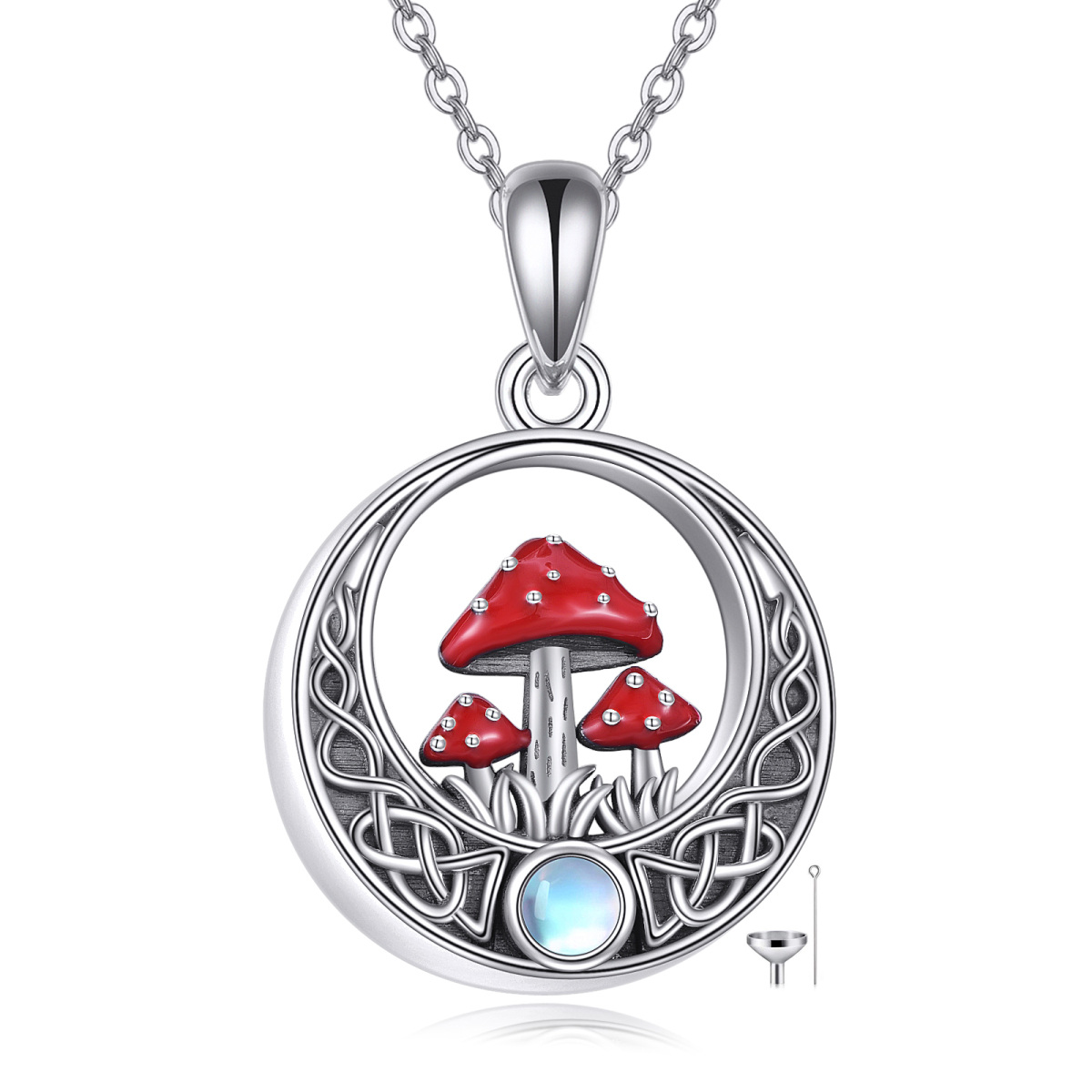 Sterling Silber kreisförmig Mondstein Pilz & keltischen Knoten Urne Halskette-1