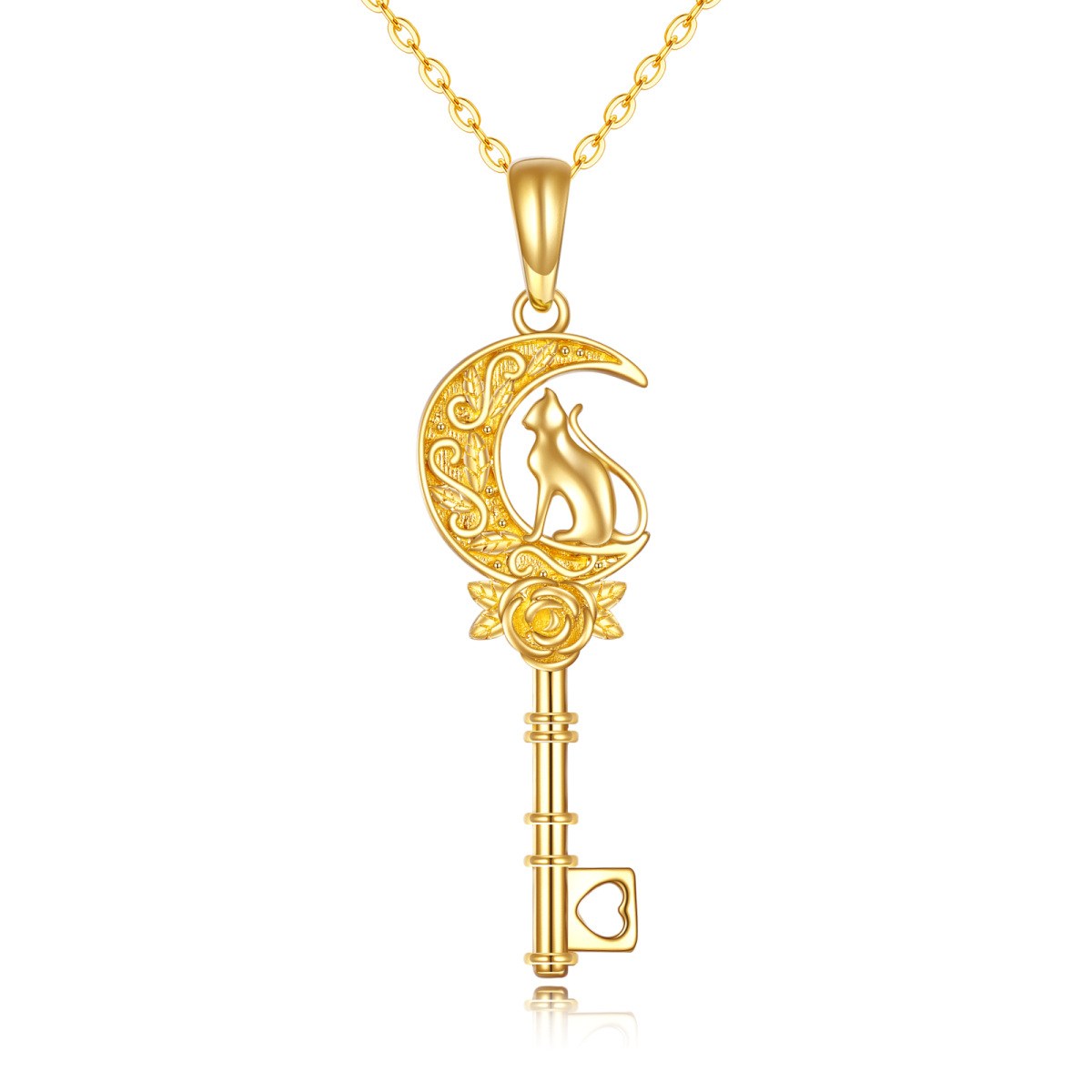 Collier en or 14K avec pendentif rose, clé et lune-1