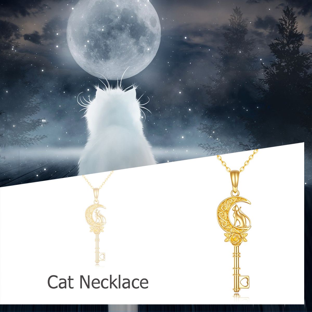 14K Gold Rose & Key & Moon Pendant Necklace-6