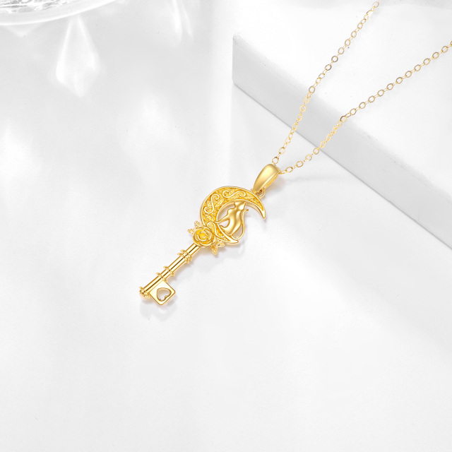 14K Gold Rose & Key & Moon Pendant Necklace-4