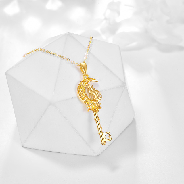14K Gold Rose & Key & Moon Pendant Necklace-3