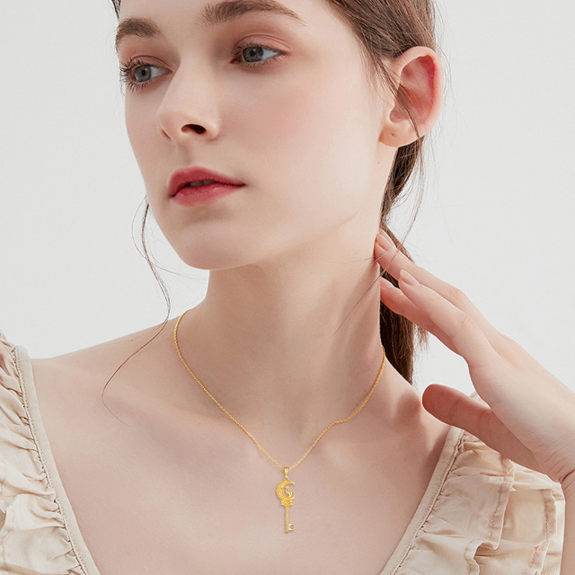 Collier en or 14K avec pendentif rose, clé et lune-1