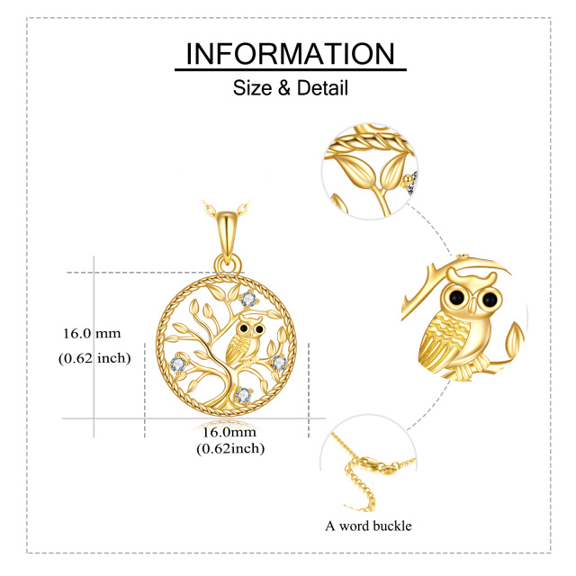 14K Gold Circular Shaped Cubic Zirconia Owl & Tree Of Life Pendant Necklace-4