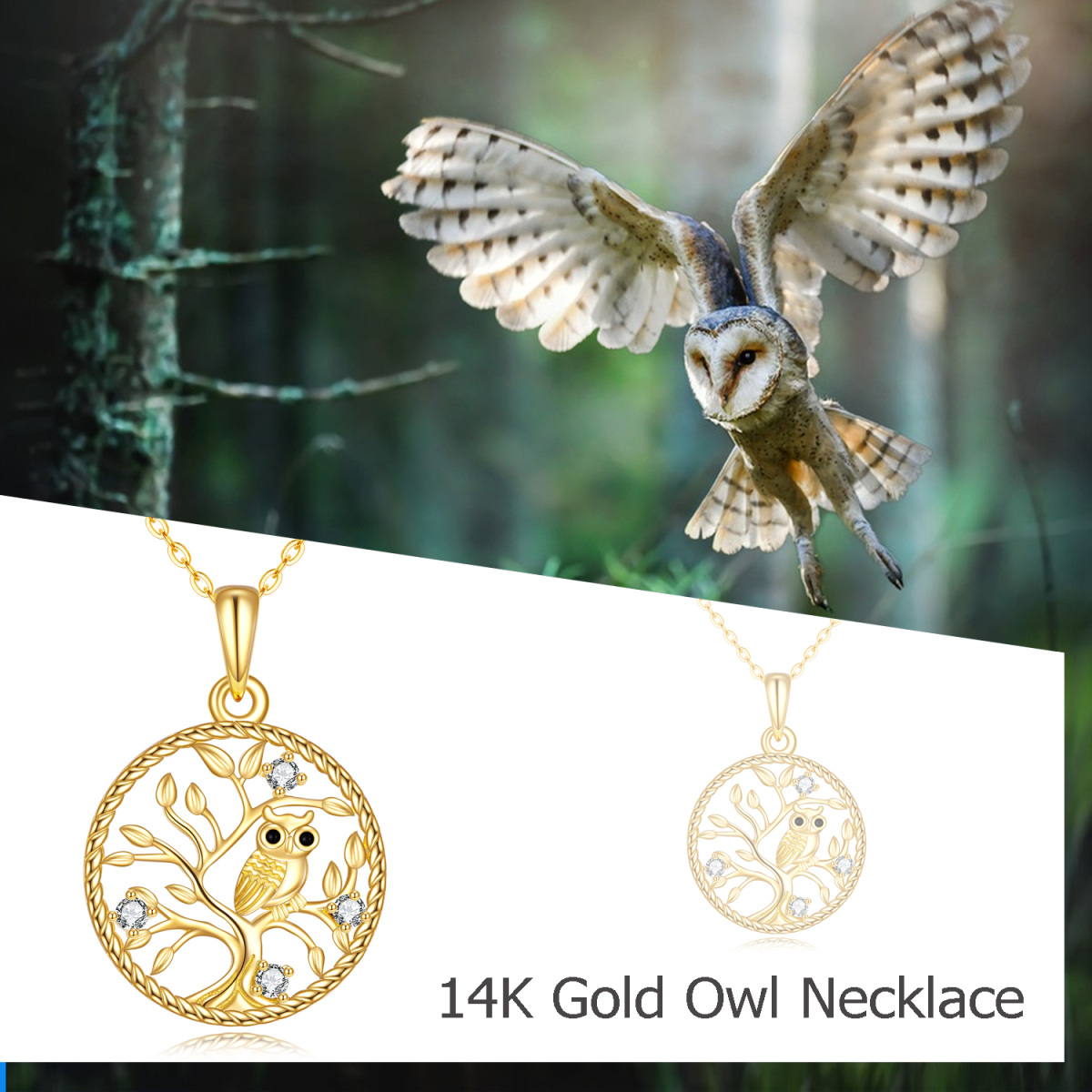 14K Gold Circular Shaped Cubic Zirconia Owl & Tree Of Life Pendant Necklace-6