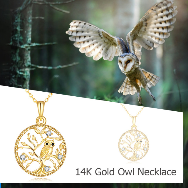 14K Gold Circular Shaped Cubic Zirconia Owl & Tree Of Life Pendant Necklace-5