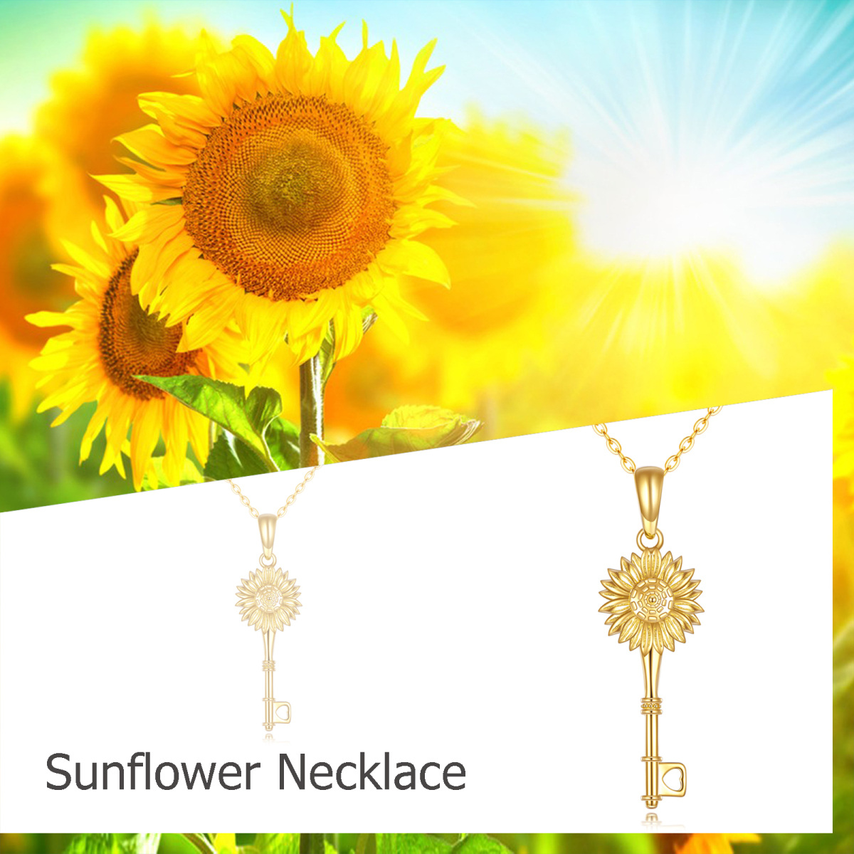 14K Gold Sunflower & Key Pendant Necklace-6