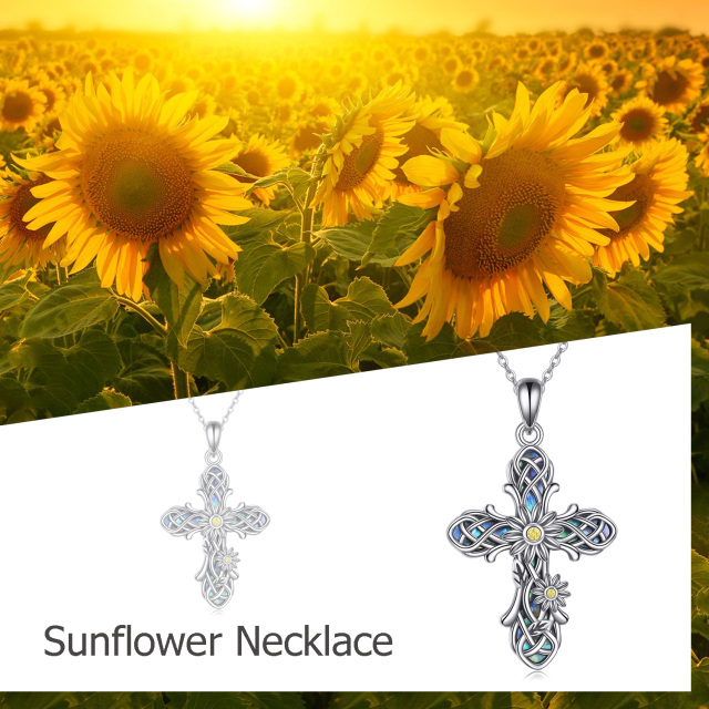 Sterling Silver Abalone Shellfish Sunflower & Celtic Knot & Cross Pendant Necklace-2