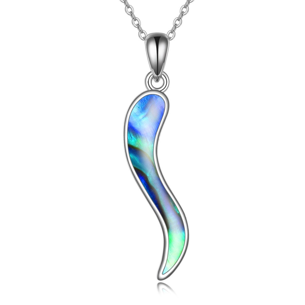 Sterling Silver Abalone Shellfish Italian Horn Pendant Necklace-1