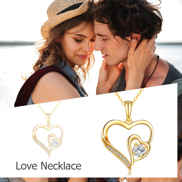 14K Gold Circular Shaped Cubic Zirconia Heart With Heart Pendant Necklace-5