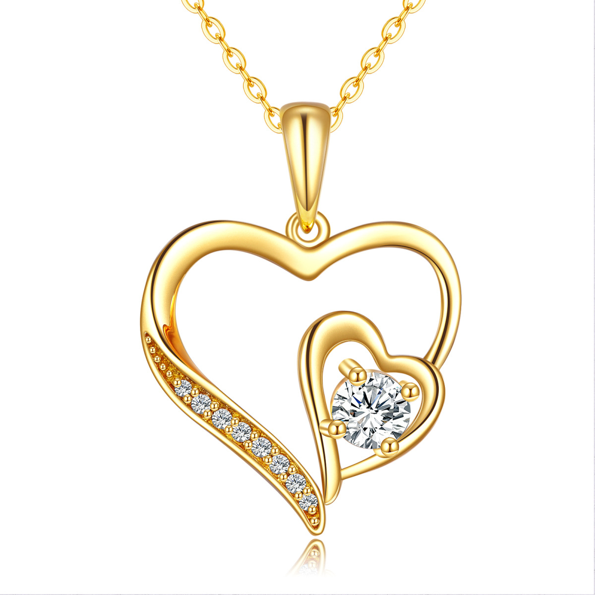 14K Gold Circular Shaped Cubic Zirconia Heart With Heart Pendant Necklace-1
