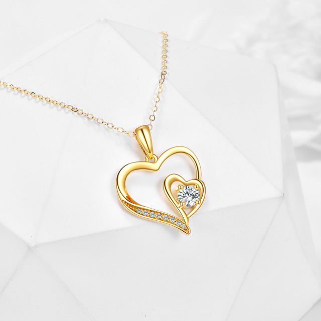 14K Gold Circular Shaped Cubic Zirconia Heart With Heart Pendant Necklace-3