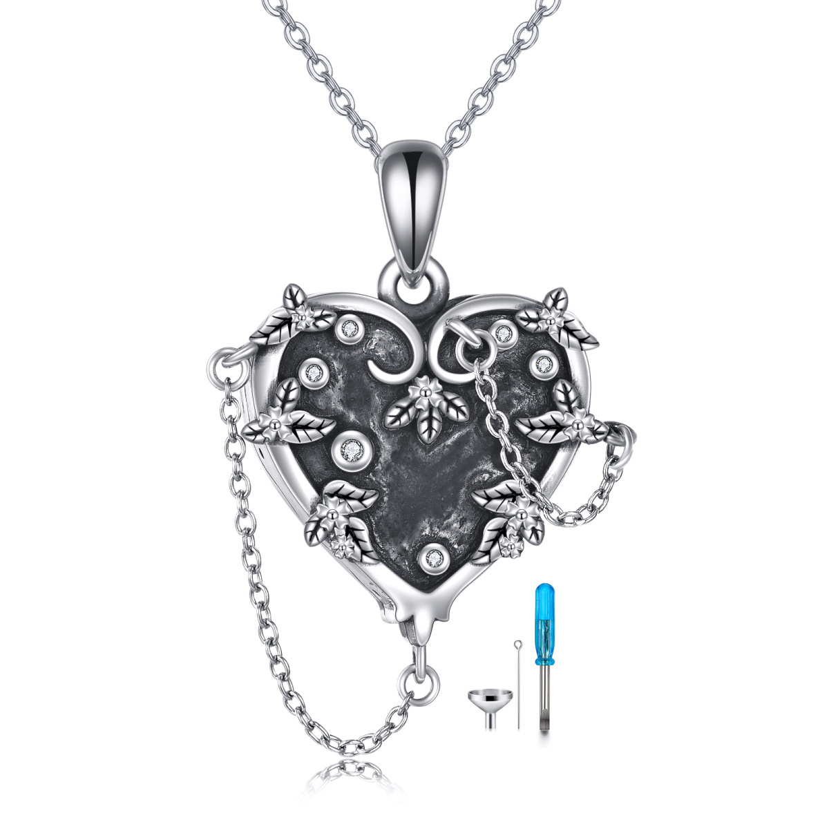 Collier en argent sterling avec feuilles et cœur en zircon cubique et mot gravé-1