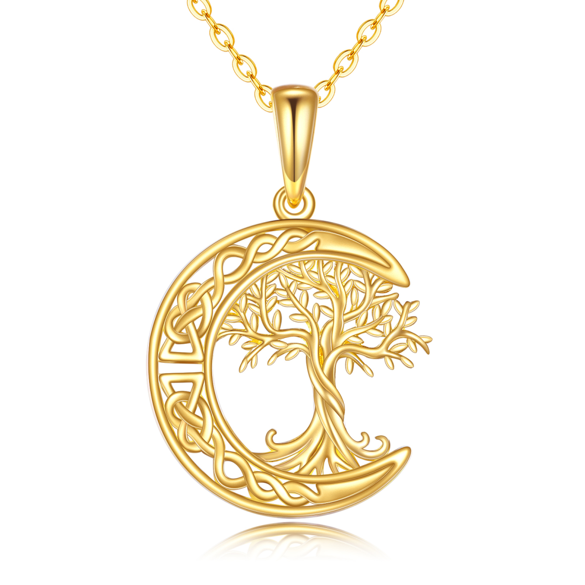 Collier en or 14K avec pendentif arbre de vie, nœud celtique et lune-1