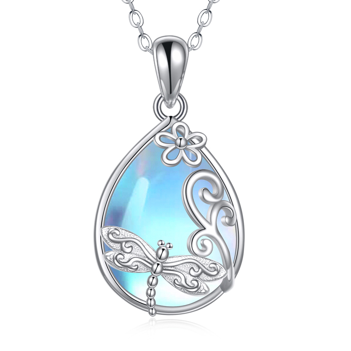 Sterling Silver Pear Shaped Moonstone Dragonfly Pendant Necklace-1