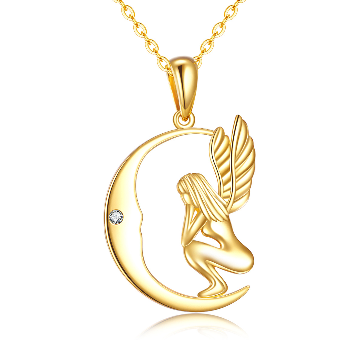 14K Gold Cubic Zirconia Fairy & Moon Pendant Necklace-1