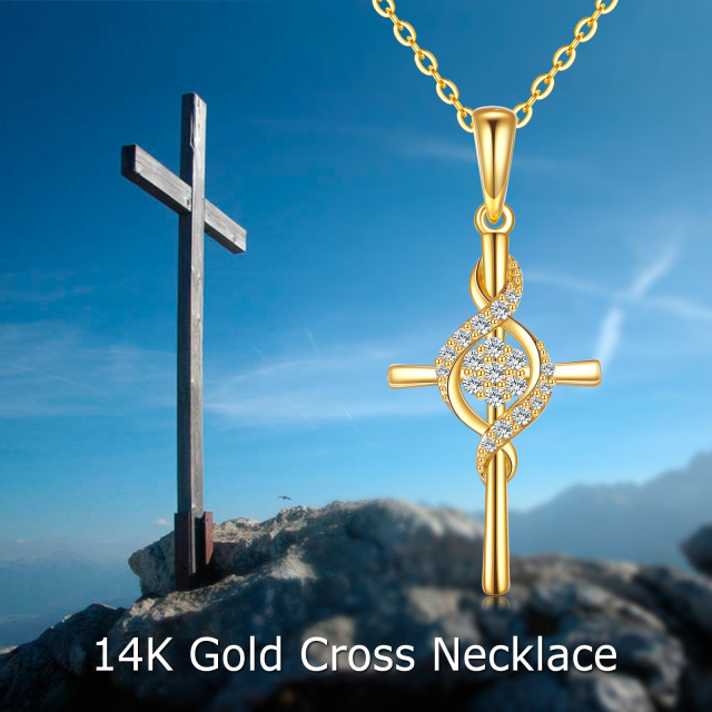 14K Gold Circular Shaped Cubic Zirconia Cross Pendant Necklace-5