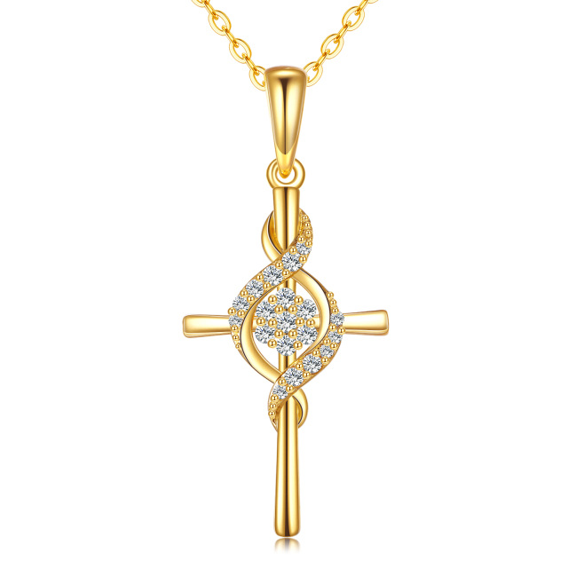 14K Gold Circular Shaped Cubic Zirconia Cross Pendant Necklace-1