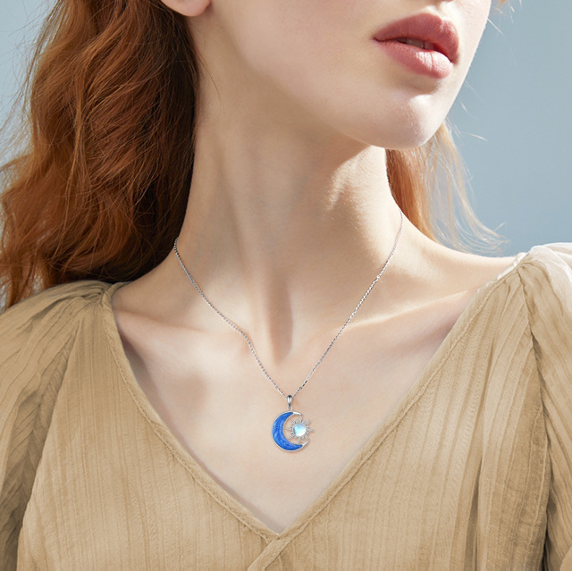 Sterling Silver Round Moonstone Moon & Sun Pendant Necklace-1