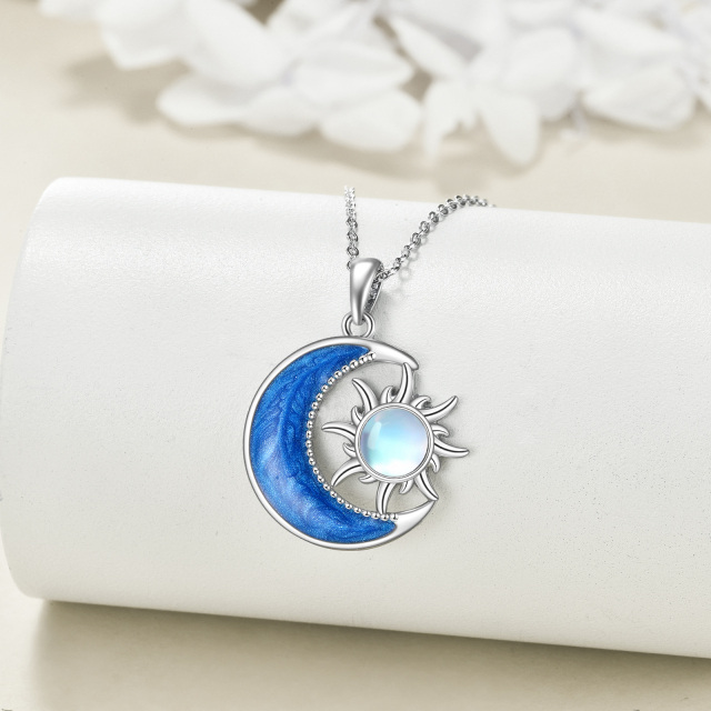 Sterling Silver Round Moonstone Moon & Sun Pendant Necklace-2