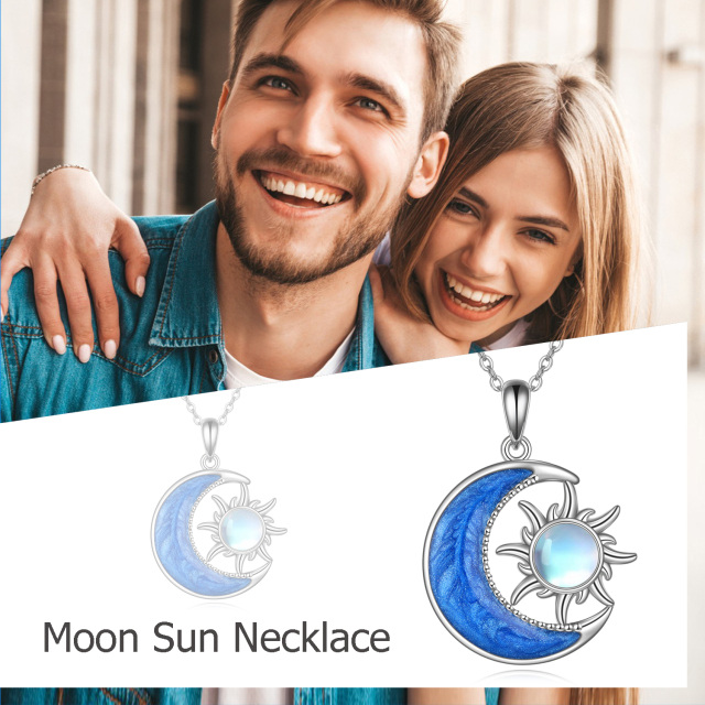 Sterling Silver Round Moonstone Moon & Sun Pendant Necklace-4