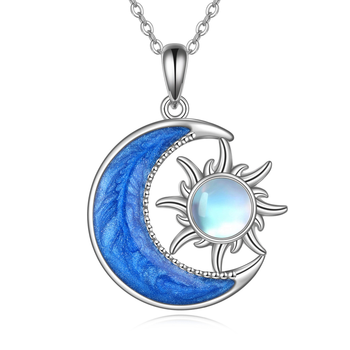 Sterling Silver Round Moonstone Moon & Sun Pendant Necklace-1