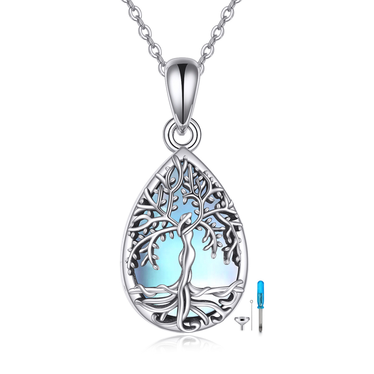 Sterling Silver Teardrop/Pear-shaped Moonstone Tree Of Life & Drop Shape Urn Necklace for Ashes with Engraved Word-1