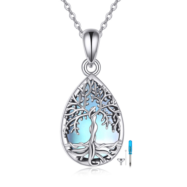 Sterling Silver Teardrop/Pear-shaped Moonstone Tree Of Life & Drop Shape Urn Necklace for Ashes with Engraved Word-0