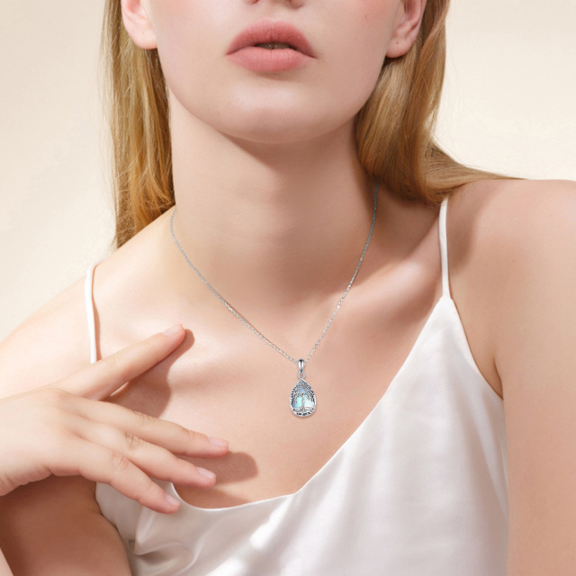 Sterling Silver Teardrop/Pear-shaped Moonstone Tree Of Life & Drop Shape Urn Necklace for Ashes with Engraved Word-1