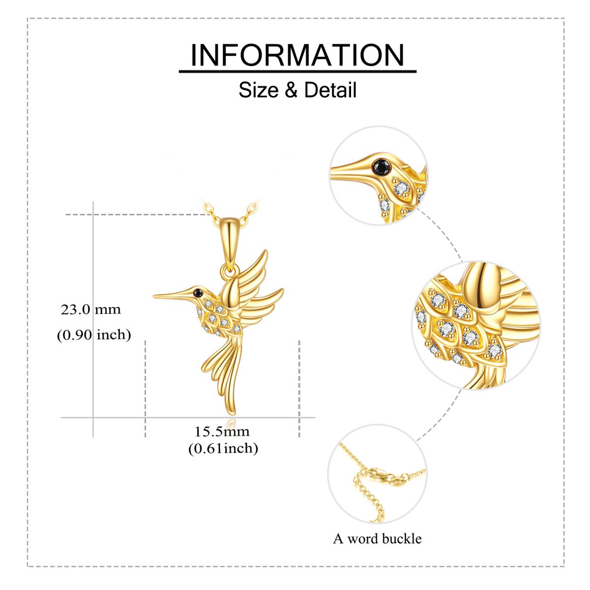 14K Gold Cubic Zirconia Hummingbird Pendant Necklace-6