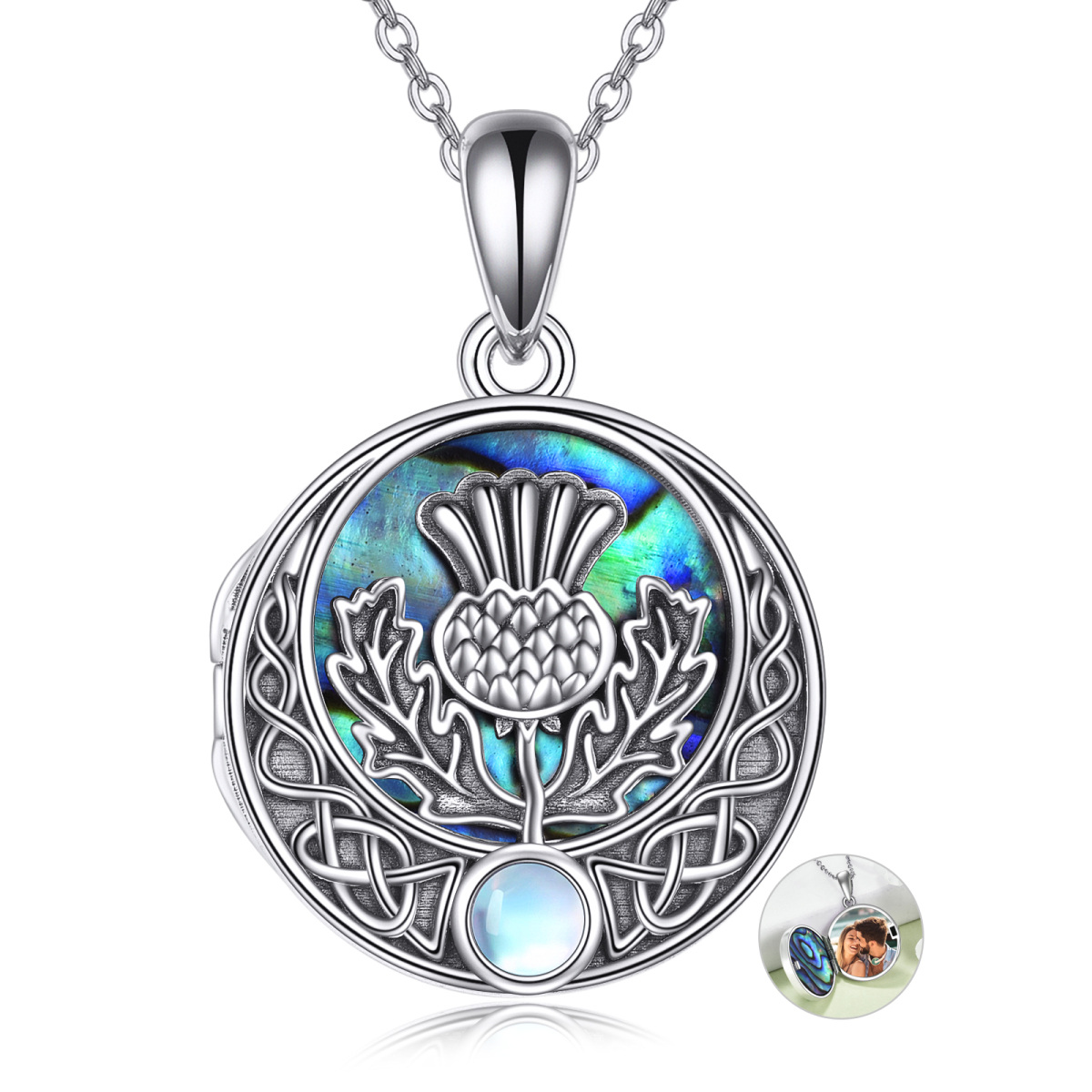 Sterling Silber Abalone Muscheln Distel Blume & keltischen Knoten personalisierte Foto Medaillon Halskette-1