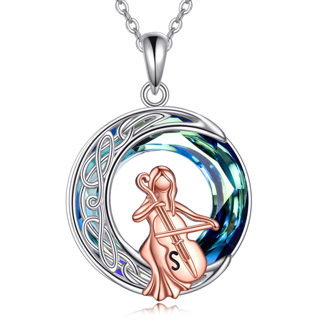 Sterling Silver Two-tone Circular Shaped Cello & Celtic Knot Crystal Pendant Necklace-1