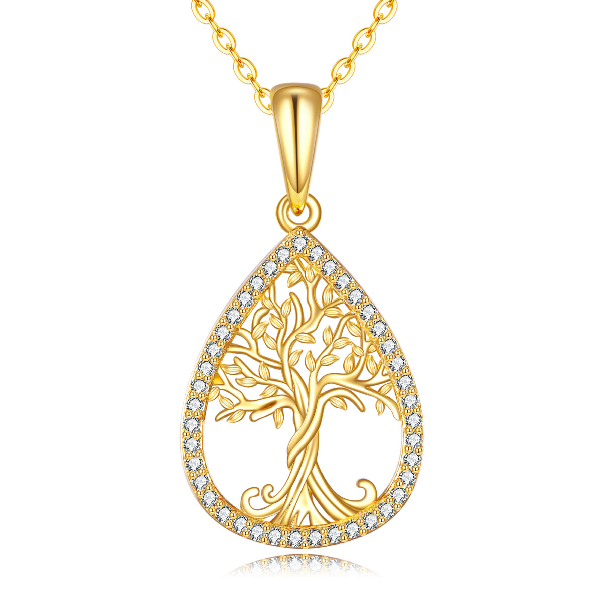 14K Gold Cubic Zirconia Tree Of Life & Drop Shape Pendant Necklace-1