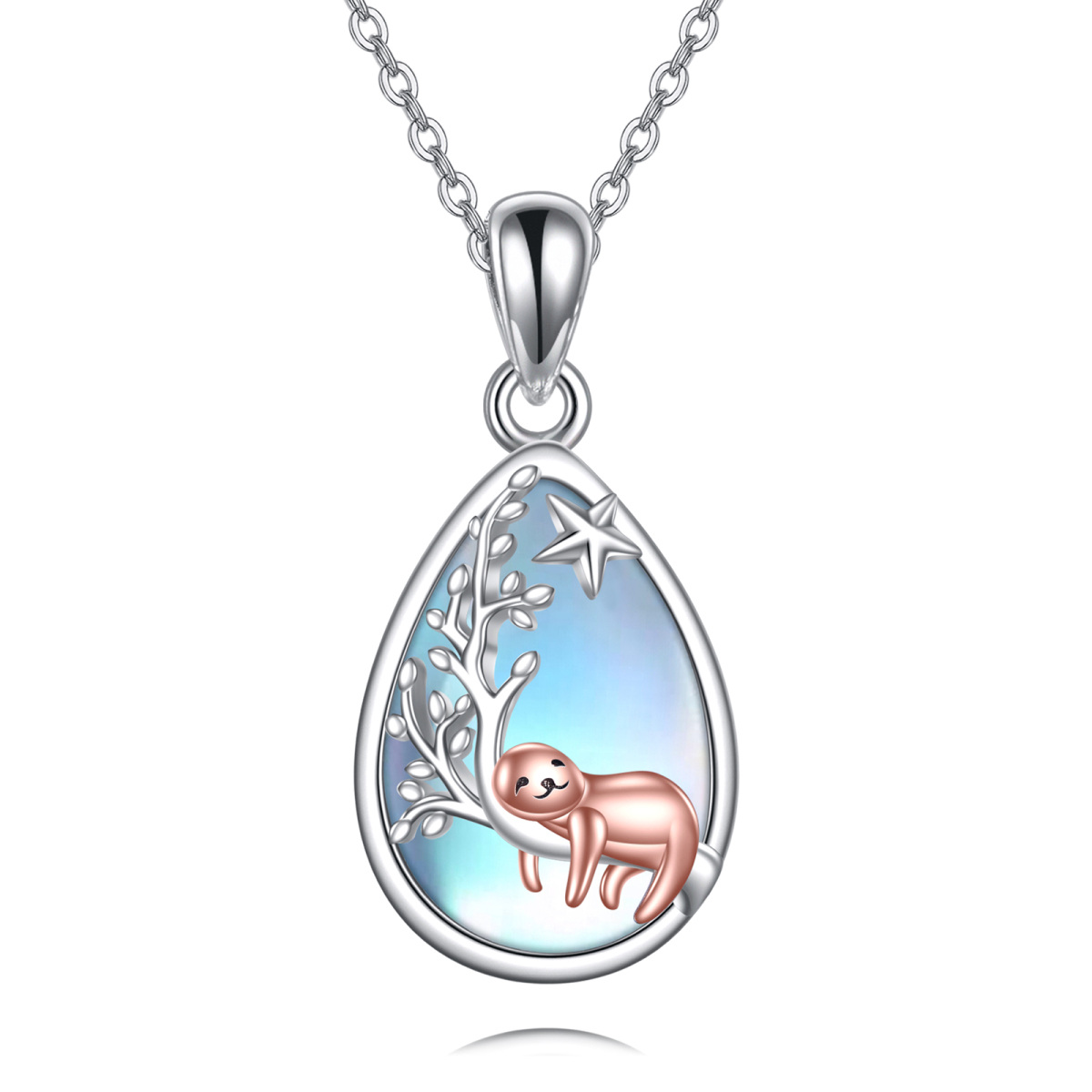 Sterling Silver with Rose Gold Plated Moonstone Sloth & Tree Of Life Pendant Necklace-1