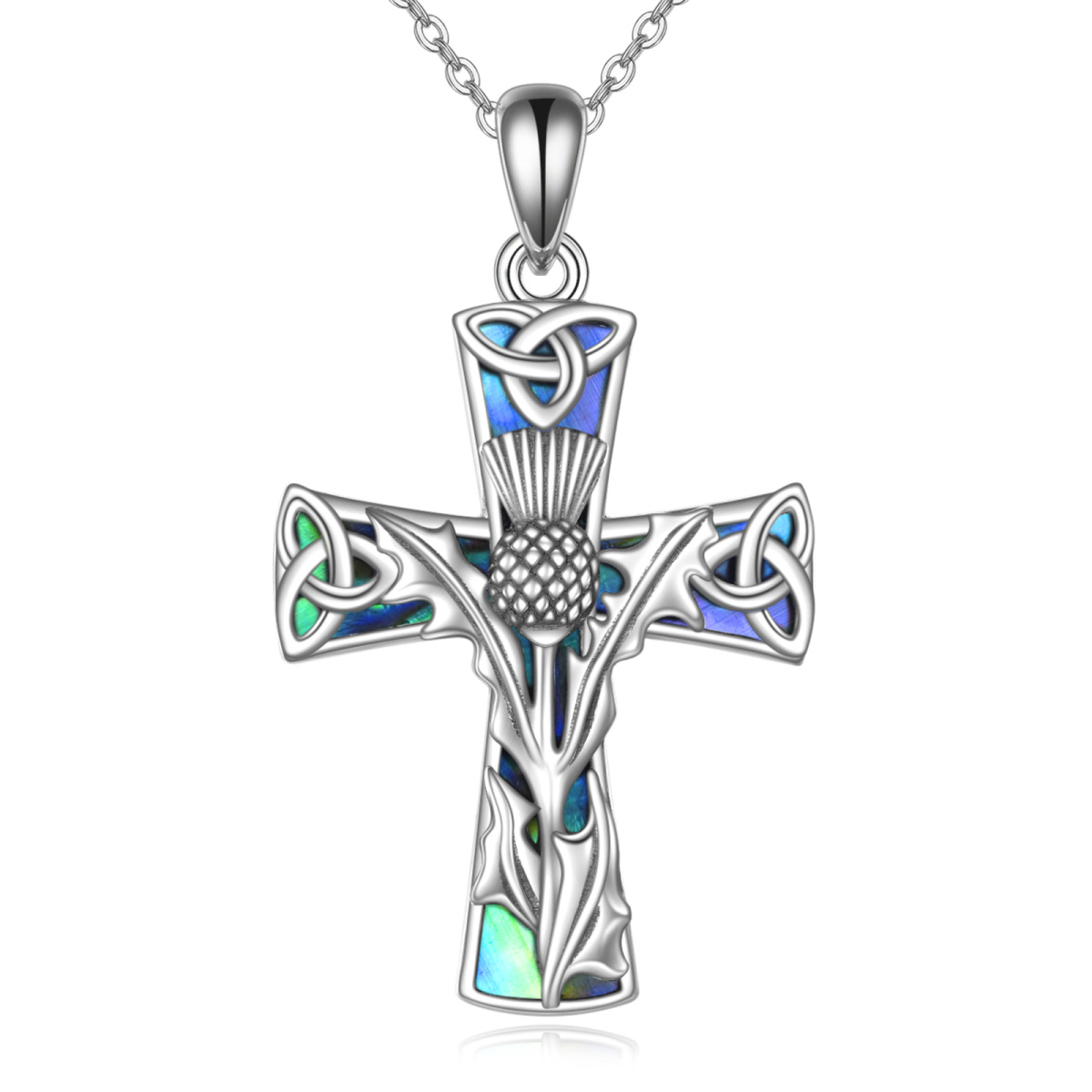Sterling Silver Abalone Shellfish Thistle & Cross Pendant Necklace-1