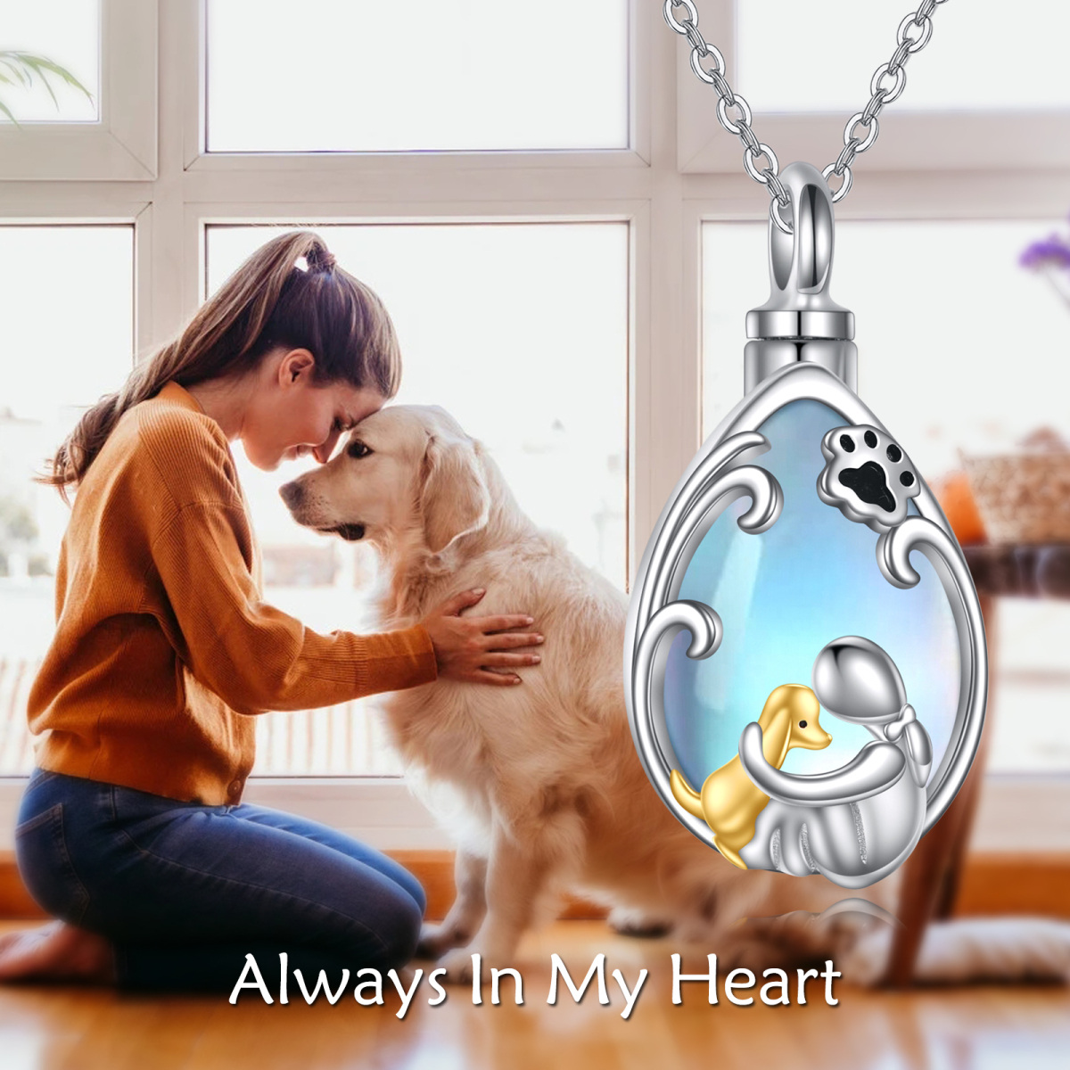 Sterling Silver Two-tone Moonstone Dog & Paw & Drop Shape Urn Necklace for Ashes with Engraved Word-6
