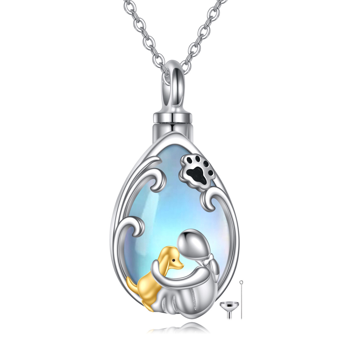 Sterling Silver Two-tone Moonstone Dog & Paw & Drop Shape Urn Necklace for Ashes with Engraved Word-1