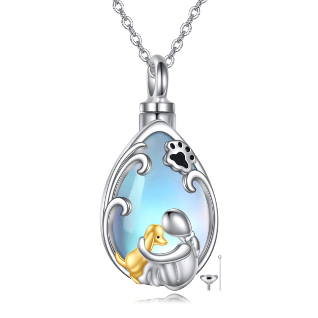 Sterling Silver Two-tone Moonstone Dog & Paw & Drop Shape Urn Necklace for Ashes with Engraved Word-0