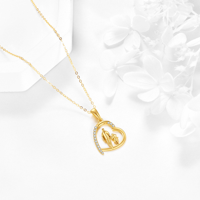 14K Gold Cubic Zirconia Father Holding Daughter Heart Pendant Necklace-3