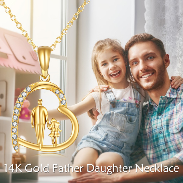 Oro de 14 quilates de circonio cúbico Padre Holding Hija Corazón Collar Colgante-4