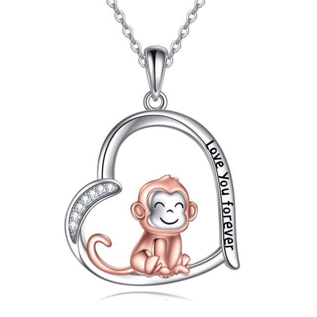 Sterling Silver Two-tone Circular Shaped Cubic Zirconia Monkey & Heart Pendant Necklace with Engraved Word-3