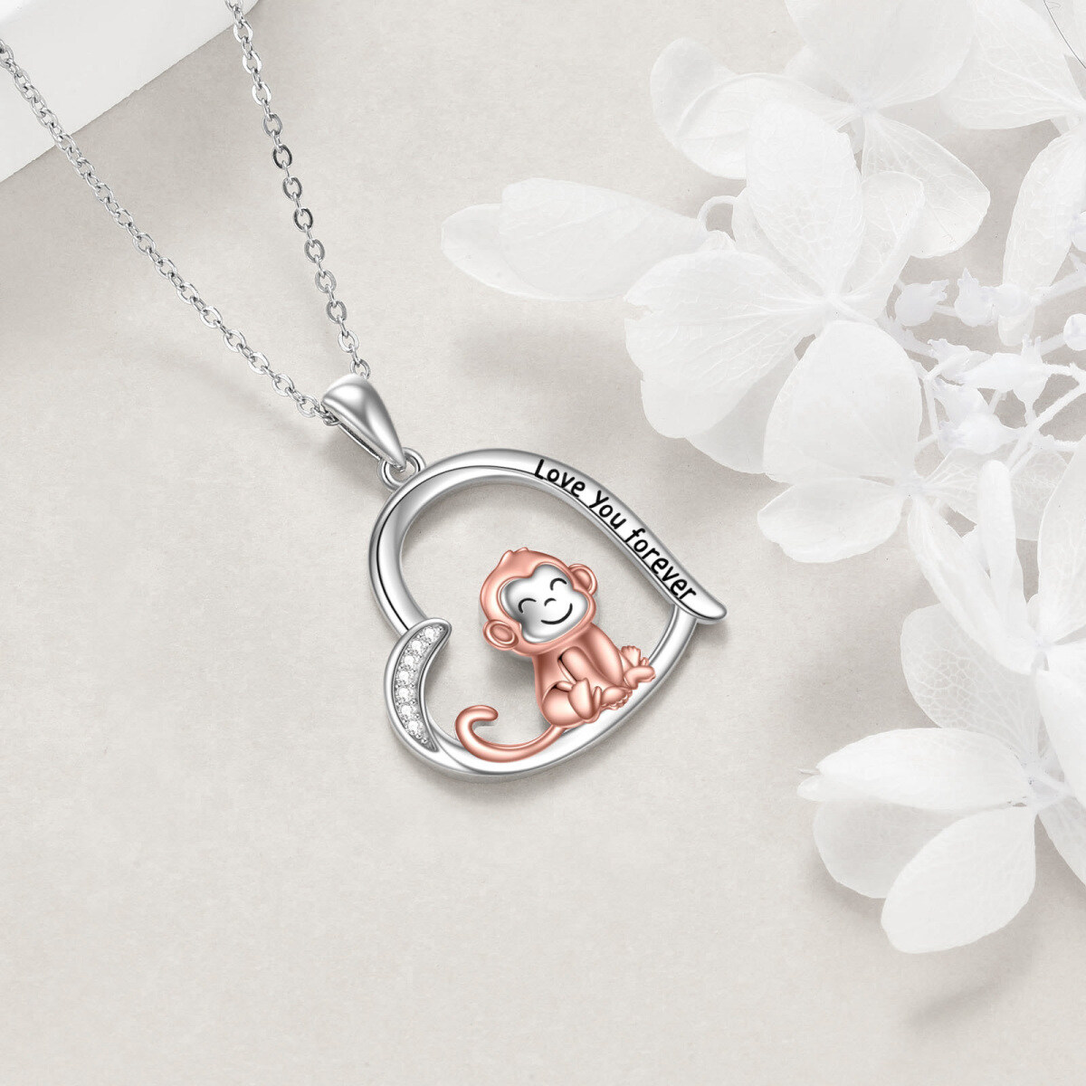 Sterling Silver Two-tone Circular Shaped Cubic Zirconia Monkey & Heart Pendant Necklace with Engraved Word-4