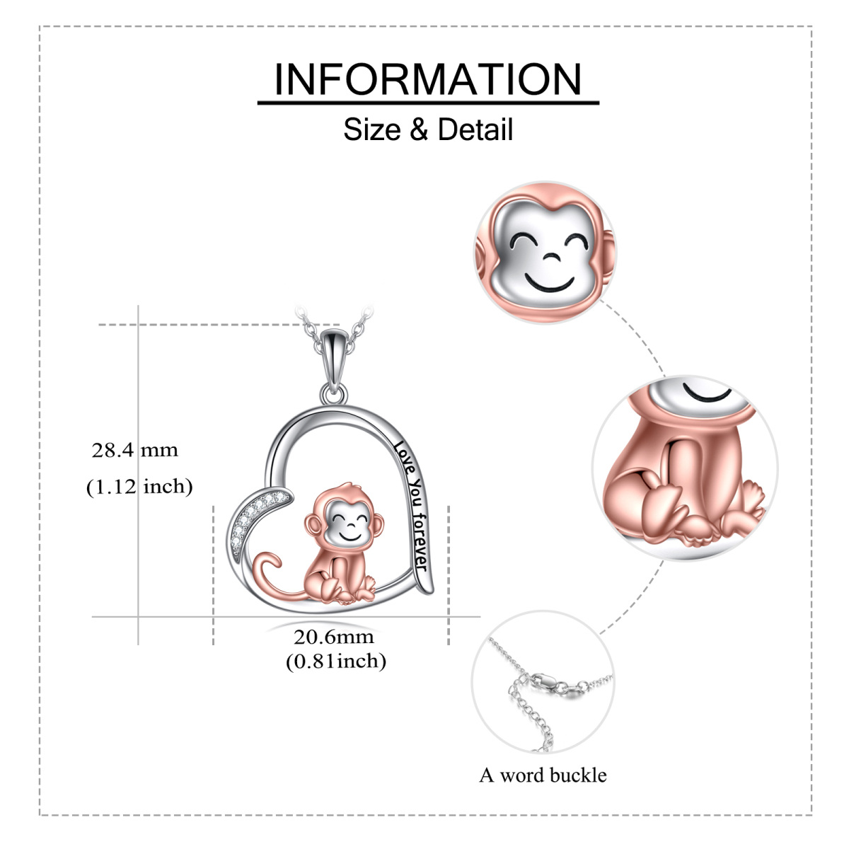 Sterling Silver Two-tone Circular Shaped Cubic Zirconia Monkey & Heart Pendant Necklace with Engraved Word-5