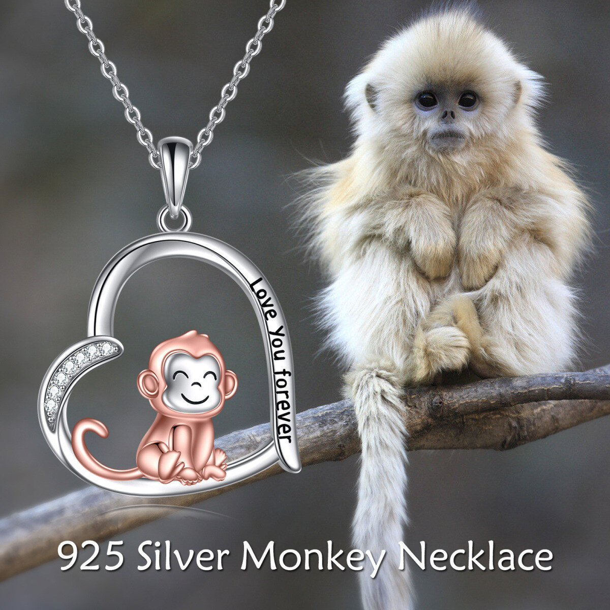 Sterling Silver Two-tone Circular Shaped Cubic Zirconia Monkey & Heart Pendant Necklace with Engraved Word-6