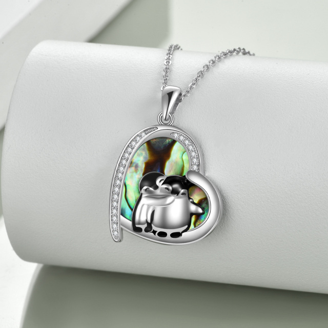 Sterling Silver Heart Shaped Abalone Shellfish Penguin & Heart Pendant Necklace-2