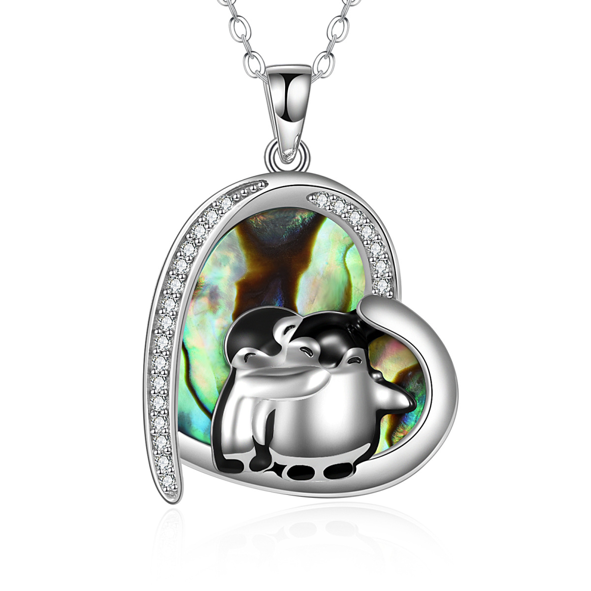 Sterling Silver Heart Shaped Abalone Shellfish Penguin & Heart Pendant Necklace-1