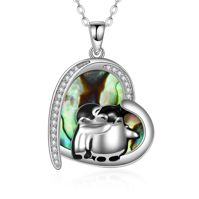 Sterling Silver Heart Shaped Abalone Shellfish Penguin & Heart Pendant Necklace-0