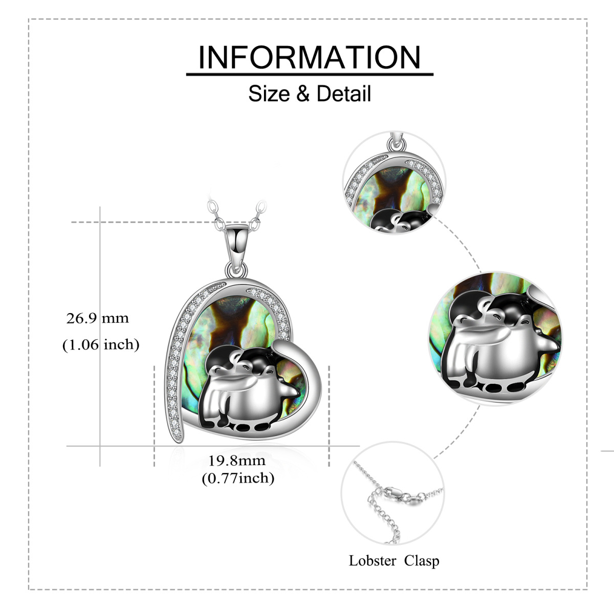 Sterling Silber Herzform Abalone Muschel Pinguin & Herz-Anhänger Halskette-5