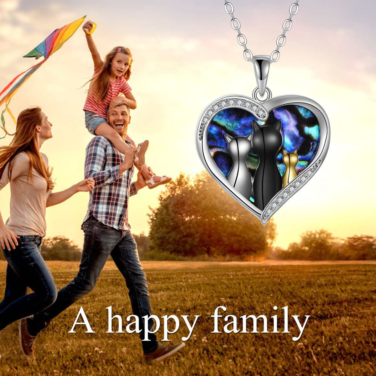 Sterling Silver Tri-tone Circular Shaped & Heart Shaped Abalone Shellfish & Cubic Zirconia Cat & Heart Pendant Necklace-6