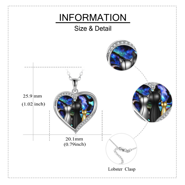 Sterling Silver Tri-tone Circular Shaped & Heart Shaped Abalone Shellfish & Cubic Zirconia Cat & Heart Pendant Necklace-4